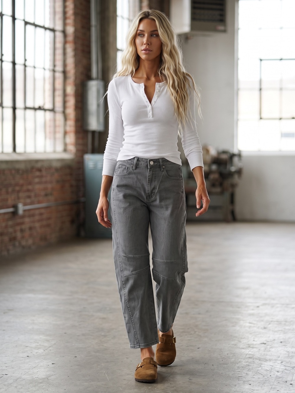NWT Washed Charcoal Grey Barrel Horseshoe Relaxed Fit Denim Jeans Pants